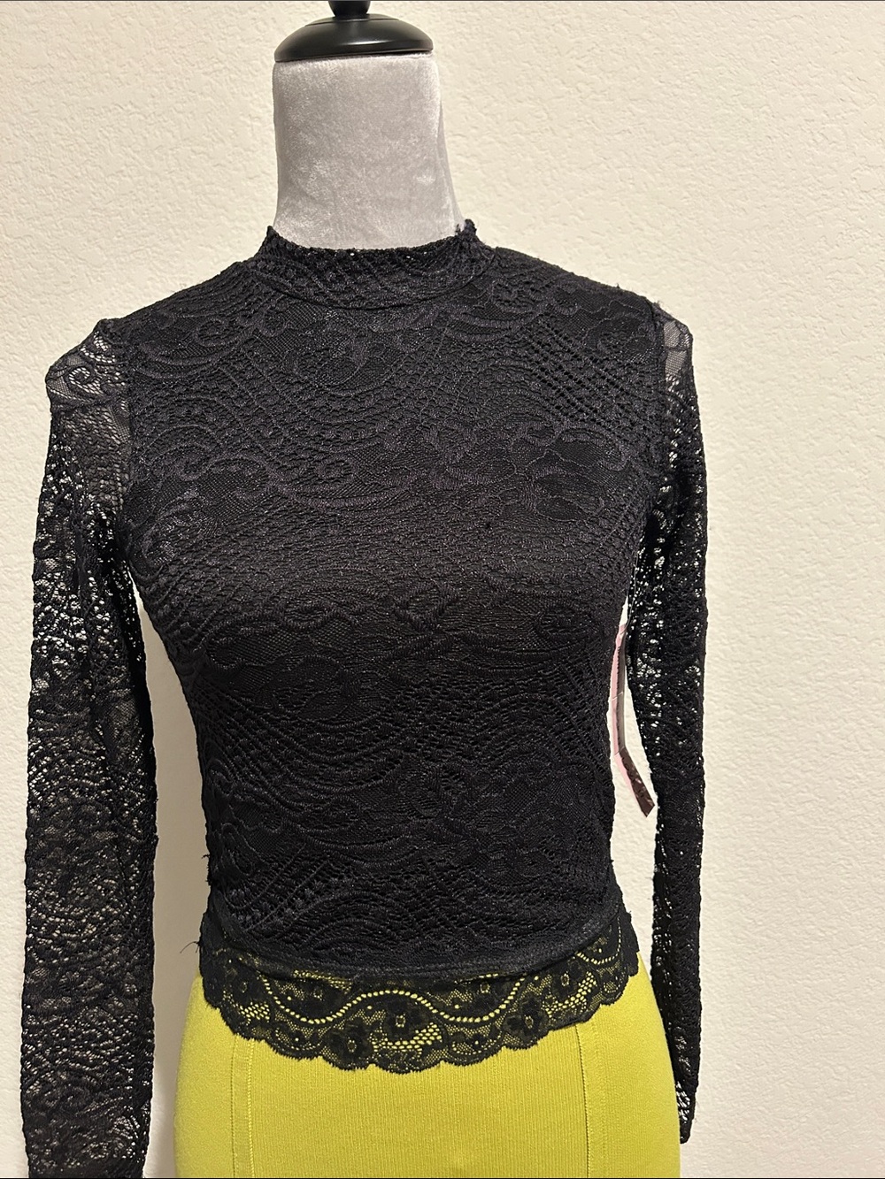 Black Lace Long-Sleeve Mock Neck Top with skirt - Picture 2 of 4